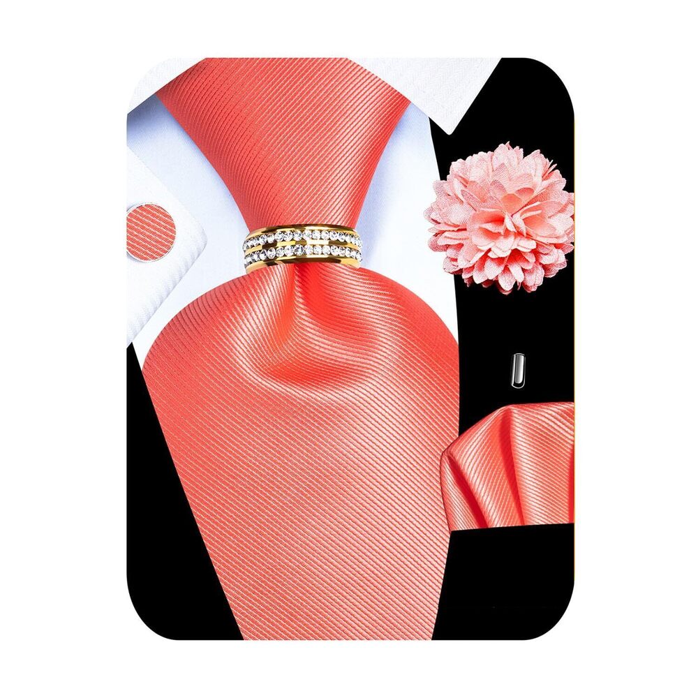 8960 5PCS Solid Coral Silk Designer Tie, Pocket Square, Cufflinks, Drilled